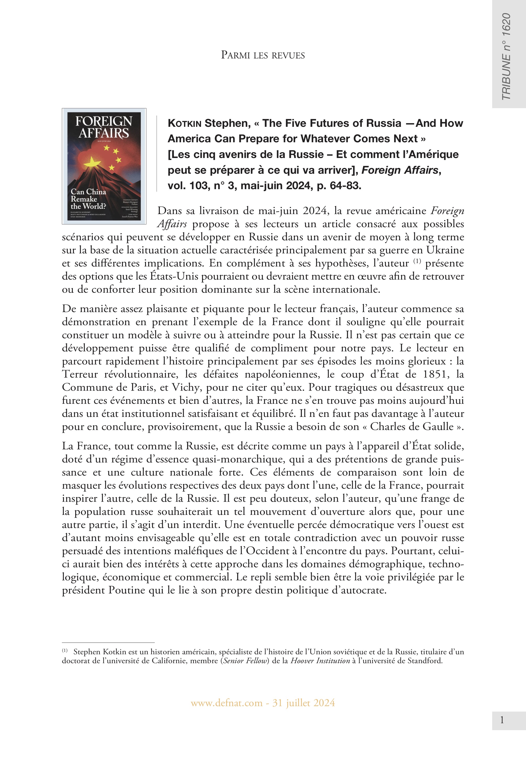 Parmi les revues – Kotkin Stephen, « The Five Futures of Russia —And How America Can Prepare for Whatever Comes Next », Foreign Affairs (T 1620)
